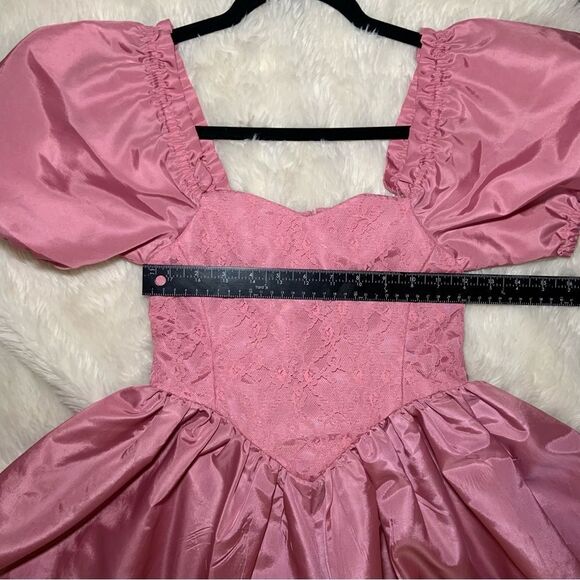 Sz XS or 00 Vintage Pink Mauve Puffy Sleeve Lace A line midi dress - Picture 12 of 13